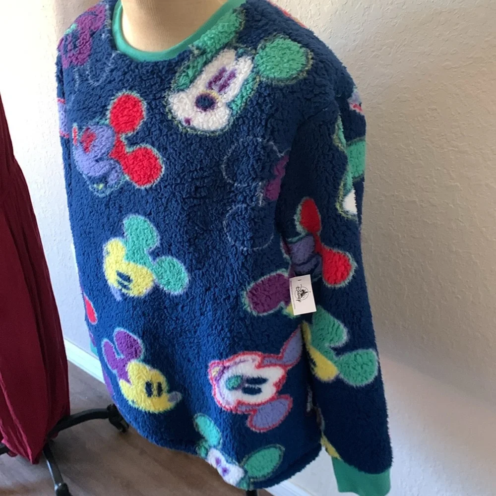 Disney Parks Mickey Mouse Sherpa Fleece Sweater US Size large Multicolor Faces - Picture 3 of 13